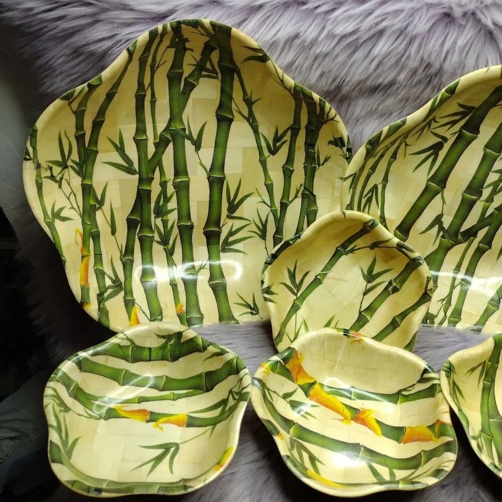 Set of 6 Pale Woven Wood Nesting Serving Dishes Decorated With Green Bamboo Stem